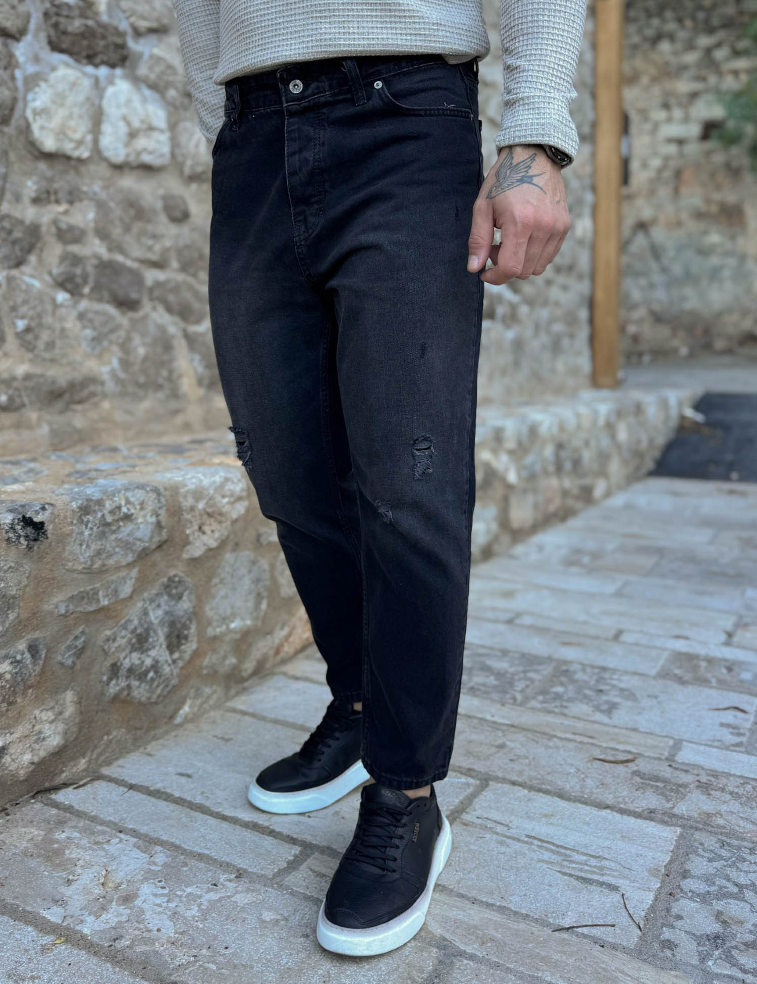 WE11 Ανδρικό μαύρο ξεβαμμένο loose τζιν πεντάτσεπο με φθορές WE2302